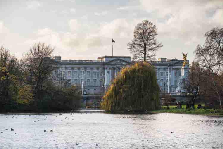 Buckingham Palace seen from St James's Park Lake, London, England