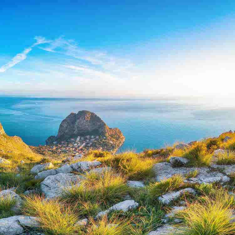 Fantastic morning view of cape Zafferano and national park Orientata Pizzo Cane.