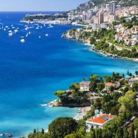 Elevated view of coastline from Roquebrune to Monaco, France