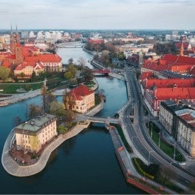 View from the height on the historic city center and the Odra River. Stare Myasto, Wroclaw, Poland